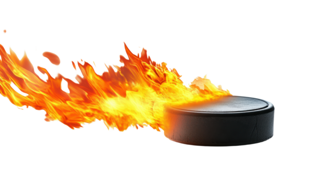 Burning hockey puck flying with flames cut ourt on white background