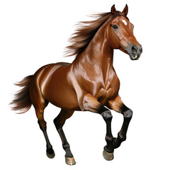 Fototapeta premium Beautiful powerful brown horse running with flowing mane isolated on white background for equestrian, animal, and wildlife themed projects
