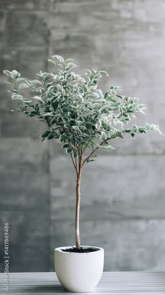 Poster elegant ficus benjamina plant with variegated foliage set against a textured neutral background offe