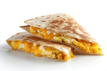 Delicious breakfast quesadillas filled with scrambled eggs and melted cheese on a clean white background
