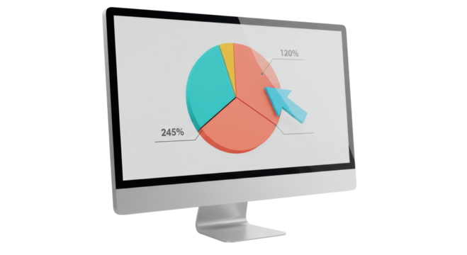 Isolated Computer Screen Displaying Colorful Pie Chart with Arrow