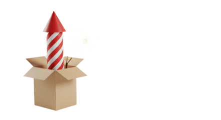 Isolated Festive Rocket Emerging from a Kraft Paper Box