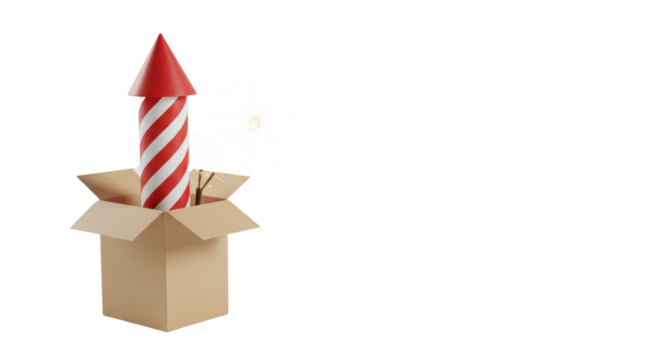 Isolated Festive Rocket Emerging from a Kraft Paper Box