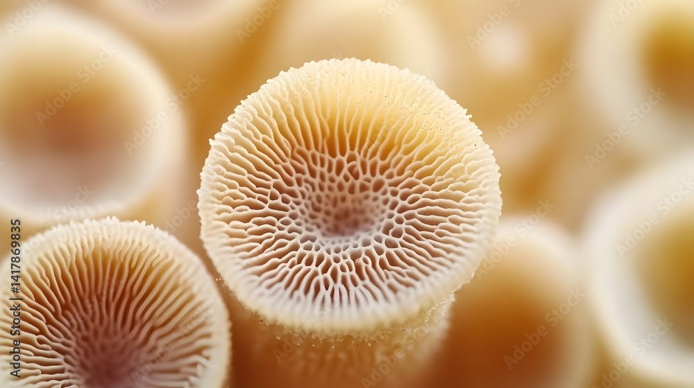 Poster close-up of delicate, pale yellow mushrooms with intricate, textured gills. the shallow depth of fie