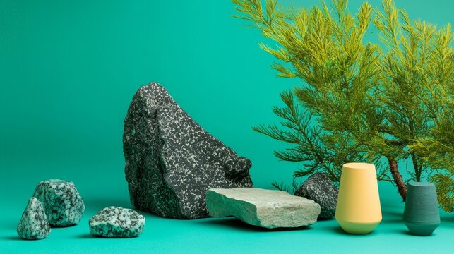 Abstract spa wellness composition with natural objects on teal backdrop