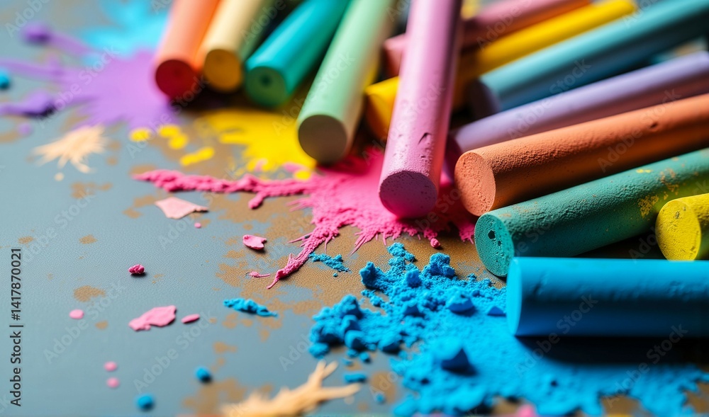 Aufkleber a bunch of crayons are scattered on a table with a splash of paint. the crayons are of various color