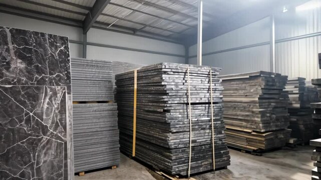 Industrial warehouse storing large marble slabs and granite sheets for construction