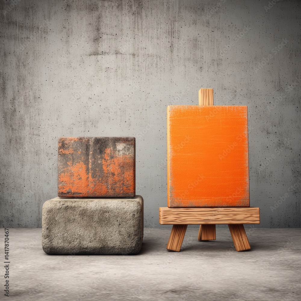 Poster artistic still life with blocks and orange canvas on easel rustic concrete background art concept