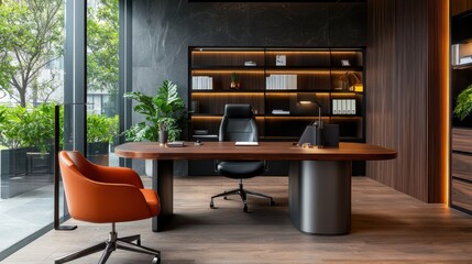 A modern and minimalist office desk featuring a sleek, metallic design with clean lines and a professional, organized workspace.