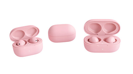 Mockup of a set of wireless earbuds with case, featuring front, open case, and side views, isolated on a transparent background 
