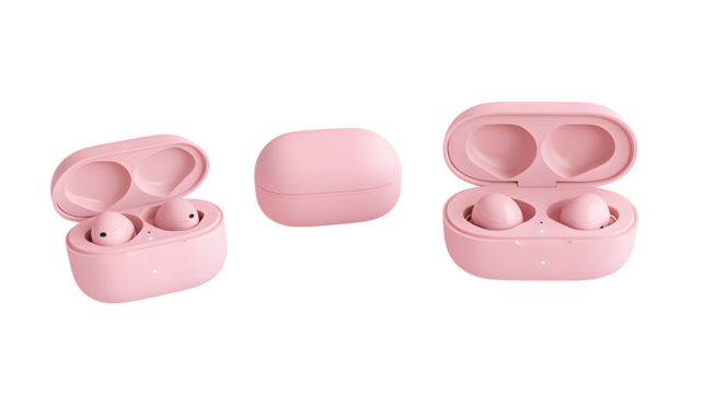 Mockup of a set of wireless earbuds with case, featuring front, open case, and side views, isolated on a transparent background 