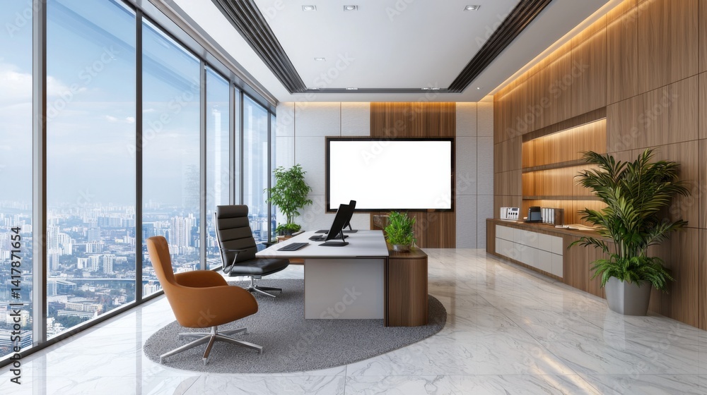 Poster a minimalist and modern office workspace featuring a sleek desktop computer with a blank screen, emp