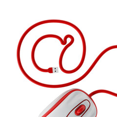 Computer mouse cable forming an at sign on transparent background. 3D illustration