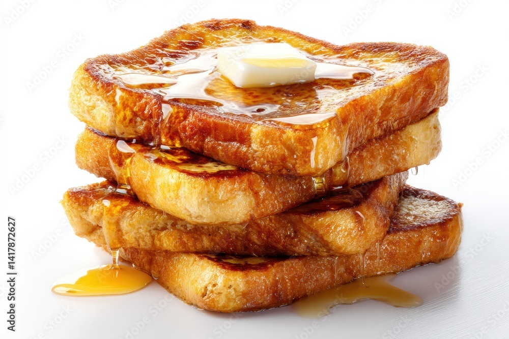 Poster appetizing stack of french toast with melting butter and dripping syrup on a white background close 