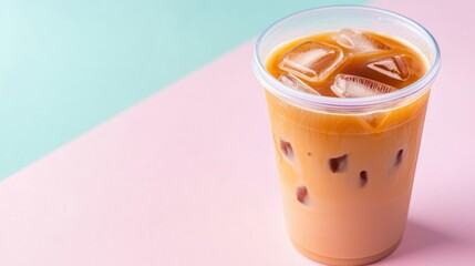 Chilled Iced Coffee in Transparent Cup on Pastel Background