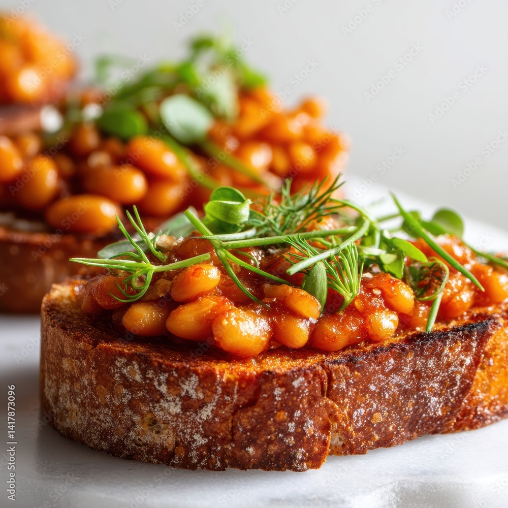 Poster toast with baked beans and fresh microgreens in tomato sauce displayed in appetizing close up view