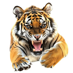 Fototapeta premium Fierce and Powerful Bengal Tiger Lying Down with Aggressive Expression Showing Teeth and Intense Gaze on a White Background