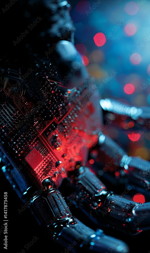 Poster close-up view of a robotic arm showcasing intricate circuitry designs