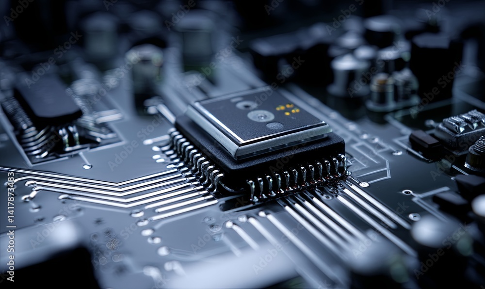 Poster details of a microprocessor on a circuit board in a tech environment