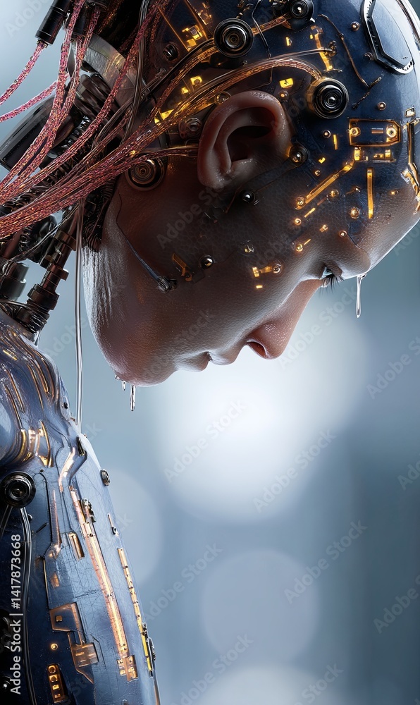 Poster close-up of a futuristic android with intricate circuitry