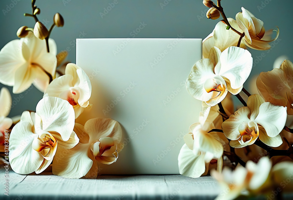 Aufkleber delicate white orchids encircle a pristine blank canvas, creating a harmonious composition. natural 