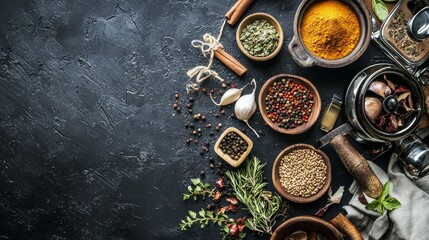 Various spices in wooden bowls on dark surface
