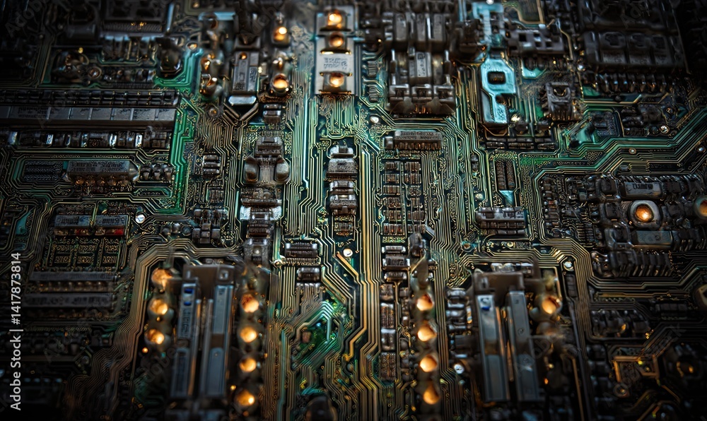Poster intricate details of a complex circuit board illuminated by lights