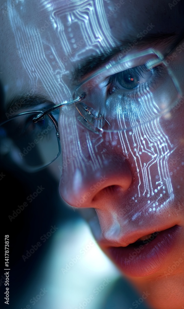 Aufkleber close-up of a person with a digital circuit pattern on their face