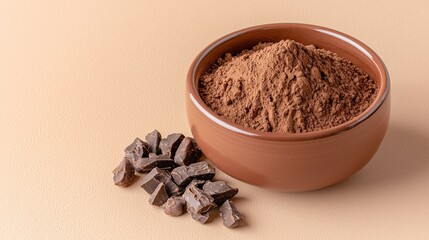 Cocoa Powder in Traditional Ceramic Bowl with Cocoa Chunks