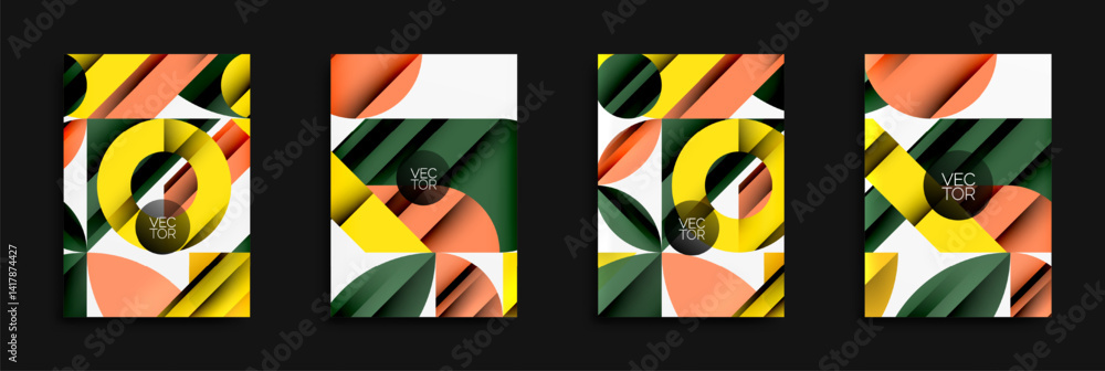 Poster abstract geometric designs. vibrant colors, overlapping shapes, modern patterns. vector illustration