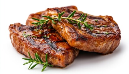 Three grilled meat pieces with rosemary sprigs isolated on white background.