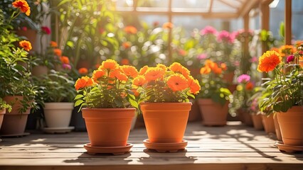 A serene greenhouse interior featuring rows of vibrant flowering plants in terracotta pots