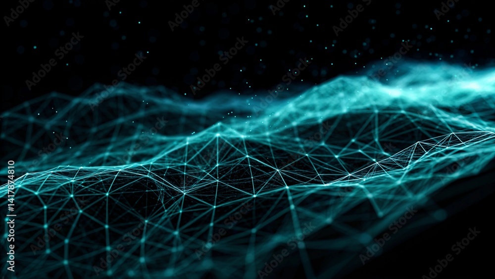Poster Digital cyberspace futuristic, Green and Blue color particles wave flowing with lines and dots connection, Technology network abstract background. 3d rendering, digital innovation, visualization data
