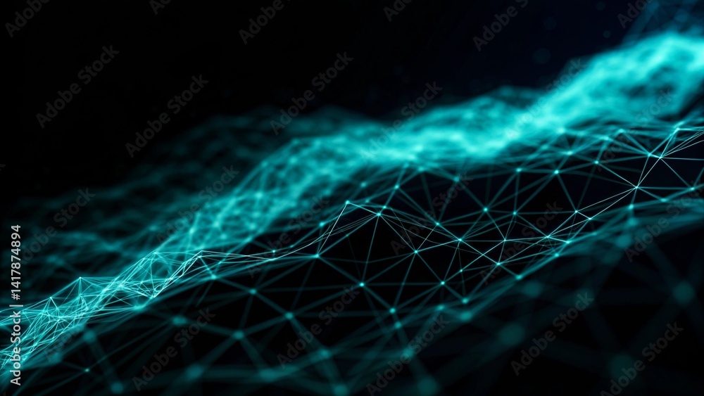 Poster Digital cyberspace futuristic, Green and Blue color particles wave flowing with lines and dots connection, Technology network abstract background. 3d rendering, digital innovation, visualization data