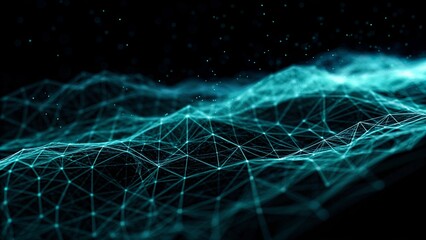 Naklejka premium Digital cyberspace futuristic, Green and Blue color particles wave flowing with lines and dots connection, Technology network abstract background. 3d rendering, digital innovation, visualization data