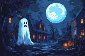 A spooky Halloween night scene with a full moon, haunted mansion, and eerie silhouettes of bats flying in the sky. Perfect for HD wallpapers.