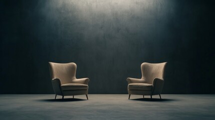 Two Elegant Armchairs Facing Each Other in Dark Room
