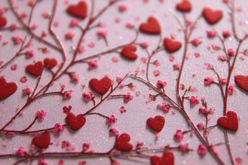 Close-up of red hearts on delicate pink branches, scattered on a glittery background, creating a romantic and festive Valentine's Day design, ideal for greeting cards or invitations