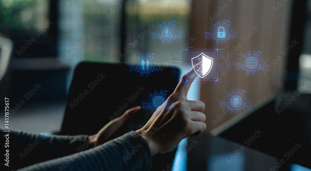 Poster a hand interacts with a digital security interface, showcasing icons related to protection and techn