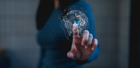 A person interacts with a digital interface displaying a map of Africa and the letters "AI," highlighting the integration of technology and artificial intelligence. © Rawat