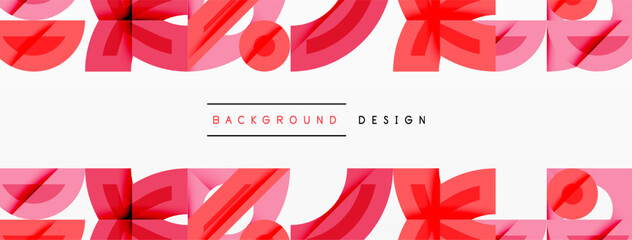 Abstract pink shapes repeat across white space. Minimalist design features layered forms, creating dynamic visual texture.