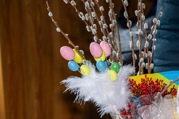 Willow 'Mount Aso', branches with seals, spring bouquet, pink seals, decorative Easter eggs, white...