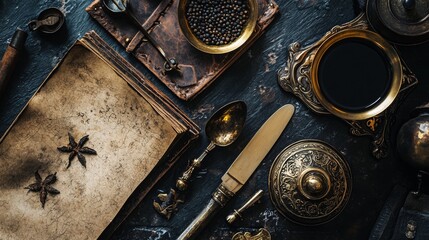 Vintage objects with coffee and journal on table