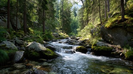 Obraz premium Serene Alpine River Cascading Over Rocks in Lush Green Forest a Tranquil Mountain Scene
