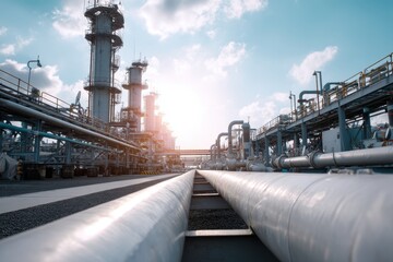 Obraz premium Industrial refinery plant under bright sunlight with complex pipeline structures and modern sky