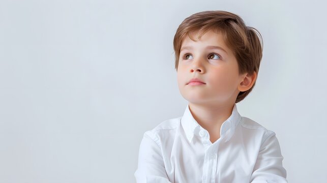Portrait of Thoughtful Young Boy in White Shirt on Bright Background - Stock Image