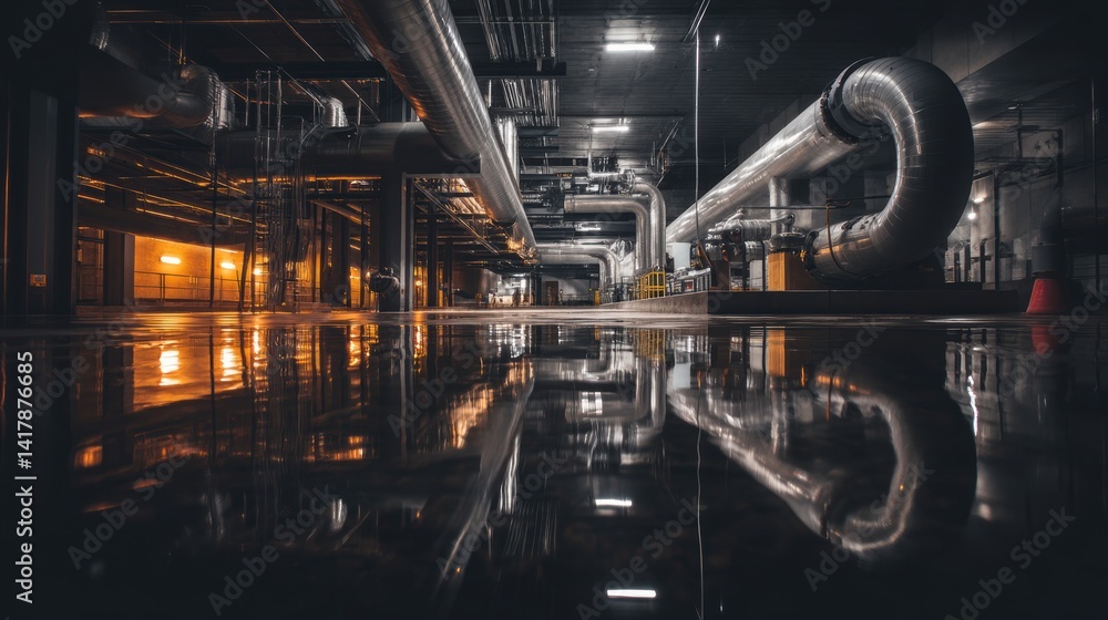 Poster evocative industrial interior reflecting complex pipeline architecture inside a dark factory offerin