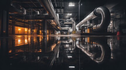 Obraz premium Evocative industrial interior reflecting complex pipeline architecture inside a dark factory offering a captivating interplay of light and reflections