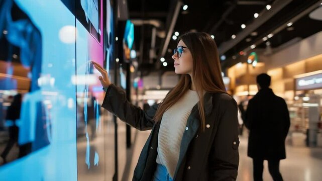 Woman interacts with futuristic touchscreen display at retail shopping center concept