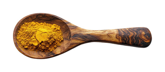 Mixing turmeric powder on wooden spoon kitchen food isolated on transparent background